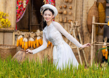 Hoa Khôi Công Sở Ninh Diên Linh duyên dáng trong tà áo dài Việt Nam chào năm mới