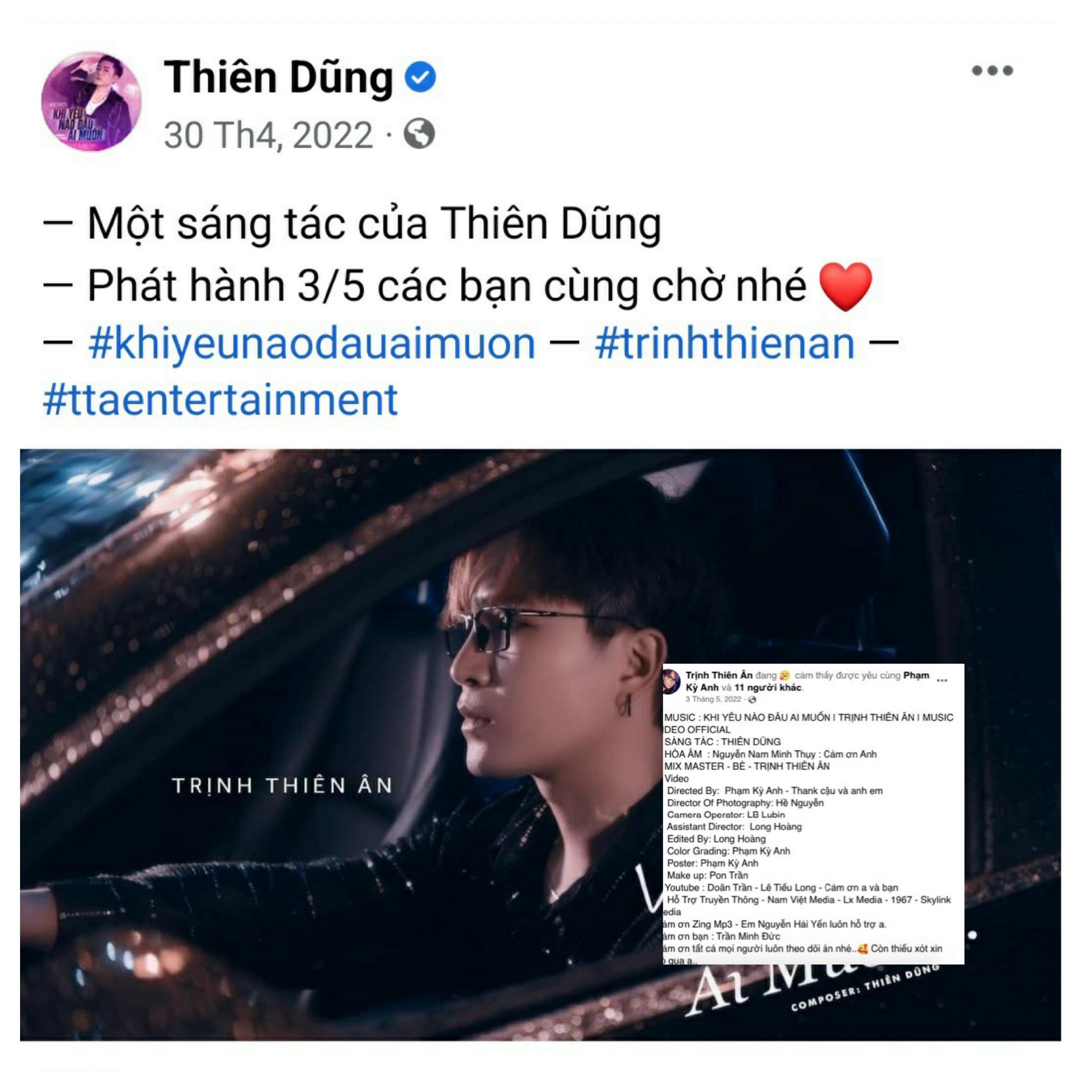 Nhạc sĩ Thiên Dũng và ca sĩ Trịnh Thiên Ân từng công bố khi chuẩn bị phát hành bài hát vào năm 2022 (Nguồn Facebook)